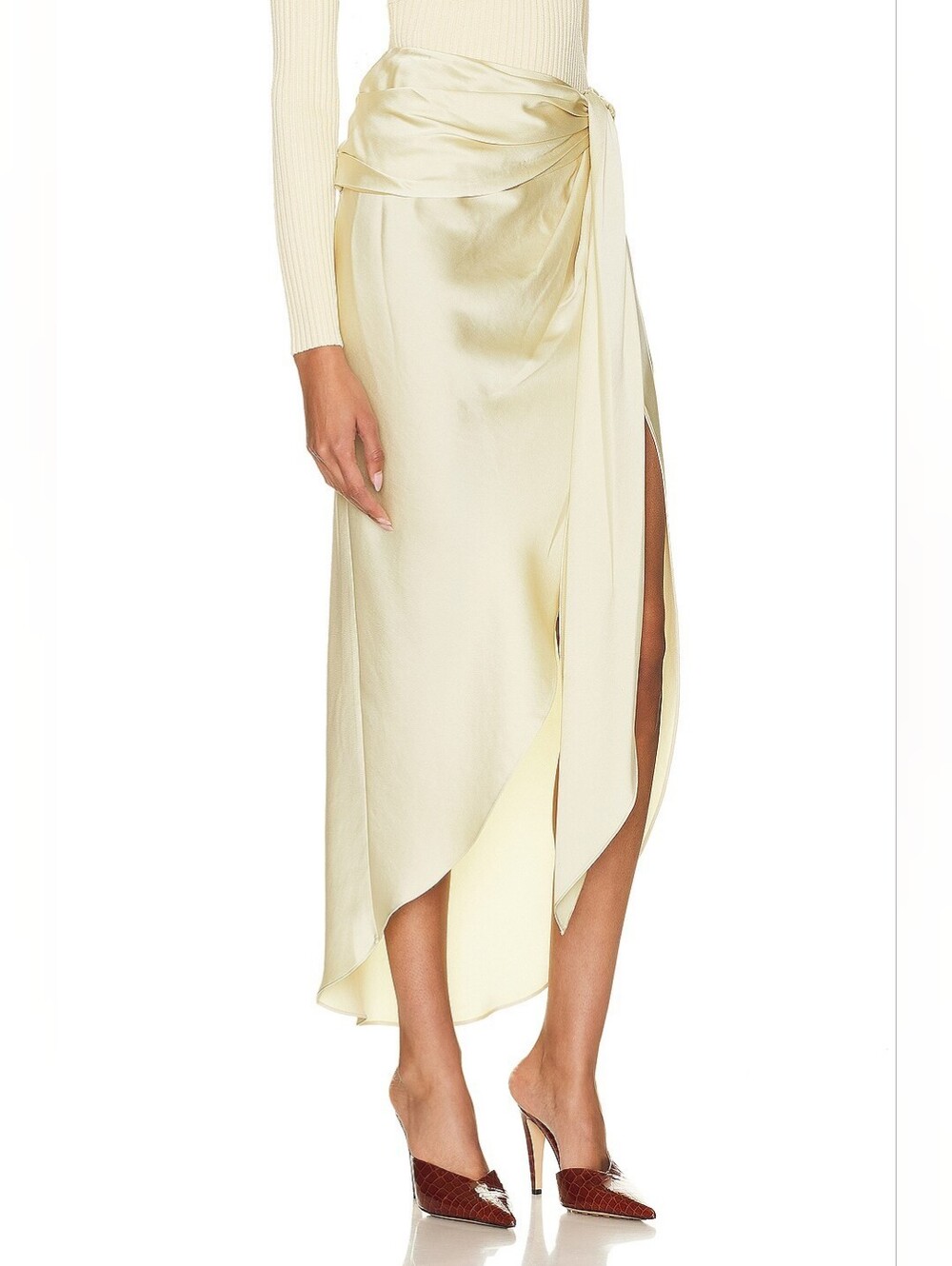 Simkhai Elisabetta Classic Draped Tie-Waist Midi Skirt in Yellow, Size 4 - Picture 4 of 17